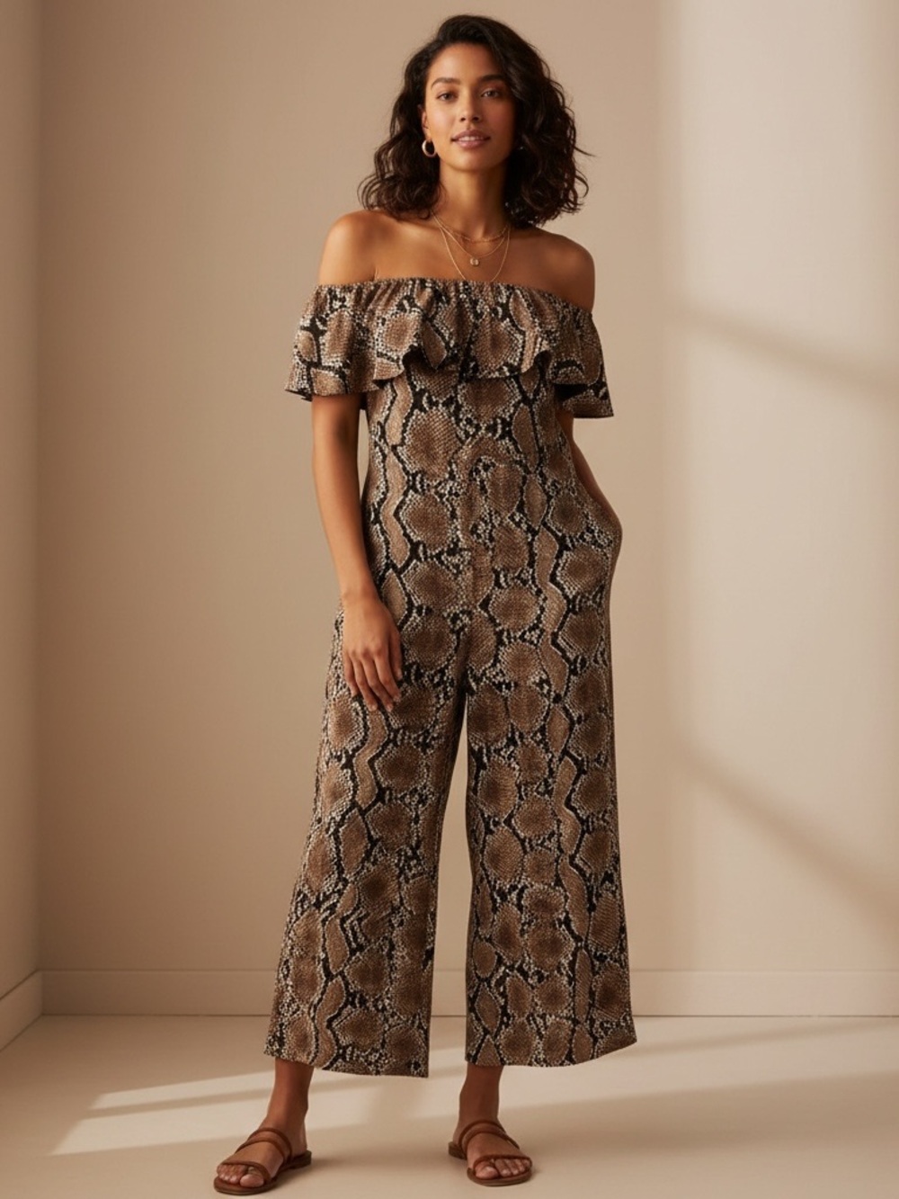 Babaton Off-Shoulder Snake-Print Wide-Leg Jumpsuit - Brown & Black